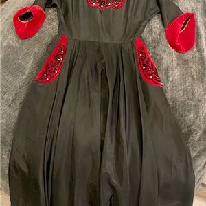 Vintage Natlynn Brand Black Dress with Red Velvet Pearl & Rhinestone Accents